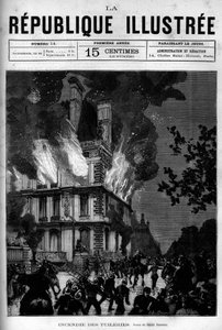 Brand des Flore-Pavillons in den Tuilerien in Paris. Eine Zeitung. Gravur von 1880 in „La république illustrée“, private Sammlung. von French School