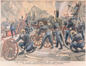 Feuerwehrmänner bekämpfen einen Brand in einer Papierfabrik in Ballancourt, aus Le Petit Journal, 1905