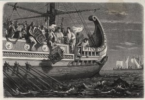 Erster Punischer Krieg - Publius Claudius Appius Pulcher (gestorben um 240 v. Chr.) vor der Schlacht von Drepanum (249 v. Chr.) wirft heilige Hühner ins Meer - Erster Punischer Krieg - Schlacht von Drepanum - Publius Claudius Appius Pulcher vor der Schlach von French School