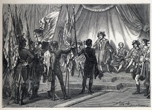 Erste Koalition: Joachim Murat (1767-1815) präsentiert dem Exekutivrat die von der französischen Armee unter dem Kommando von Napoleon Bonaparte während des Italienfeldzugs eroberten Fahnen. Gravur von 1889. Private Sammlung.