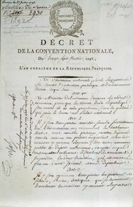 Erste Seite des Dekrets des Nationalkonvents vom 27.07.1793 zur Einrichtung des Palais du Louvre als Museum von French School