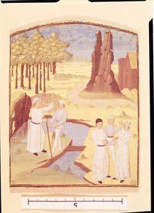Fünf Personen diskutieren über Gartengestaltung, aus Livre des Prouffitz Champestres von Pietro de Crescenzi