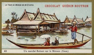 Schwimmender Markt am Fluss Menam, Siam (Chromolithografie) von French School