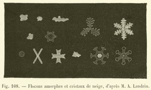 Amorphe Flocken und Schneekristalle von French School