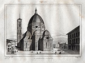 Kathedrale von Florenz - Ansicht der Kathedrale von Florenz (Duomo Santa Maria del Fiore). Die Kuppel wurde von Filippo Brunelleschi um 1420-1436 erbaut, Florenz, Italien - Gravur aus „Italien pittoresk“ - Historische und beschreibende Darstellung von Ital von French School