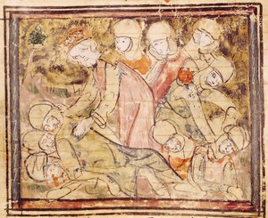 Fol.136v Wie Karl der Große (742-814) Roland tot fand, aus den Grandes Chroniques de France, 1375-79