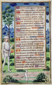 Fol.50v Seite mit Text und Randdetail eines Musikers, der seinen Hund tanzen lässt, aus 