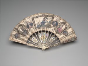 Faltfächer mit einer Chinoiserie-Szene, Porträts, pastoralen Figuren und Stillleben, ca. 1780er