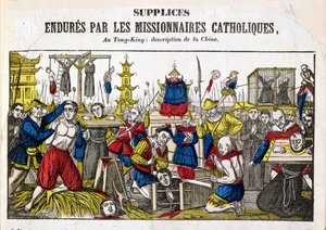 Folterformen, die die katholischen Missionare in Tonking, China, 1840 erduldeten von French School