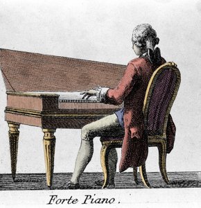 Forte-Piano-Spieler. Gravur aus dem Ende des 18. Jahrhunderts.