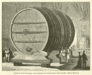 Champagnerfass mit einem Fassungsvermögen von fünfundsiebzigtausend Flaschen, Maison Mercier (Stich) von French School