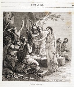 Gründung von Marseille: die französische Stadt wurde 600 v. Chr. von griechischen Seefahrern gegründet. Gravur in „Histoire de France populaire“ von Henri Martin. 19. Jahrhundert