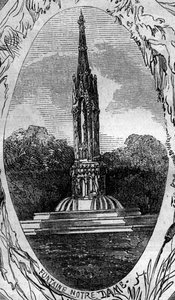 Brunnen von Paris: Ansicht des Brunnens der Jungfrau (Notre Dame Brunnen) (um 1845). Gravur in „Le Monde Illustré“ Nr. 254 vom 22. Februar