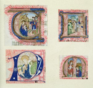 Vier historiierte Initialen, die die Anbetung der Könige, die Krippe, David und Bathseba und Christus im Garten darstellen von French School