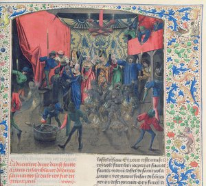 Bal des Ardents, Charles wird von der Herzogin von Berry gerettet, nachdem Louis von Orleans die Kostüme der Tänzer in Brand gesetzt hat, 1392, aus Froissarts Chronik