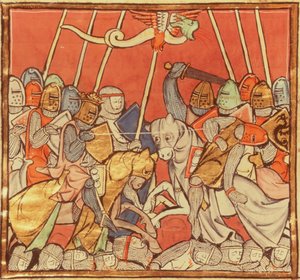 Die Schlacht von Bedigran, aus Die Geschichte von Merlin, ca. 1280-90