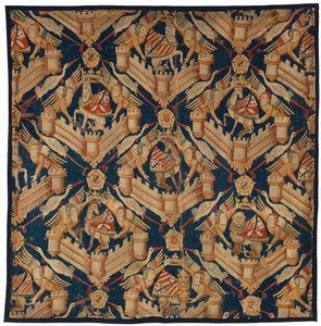 Fragment eines heraldischen Wandteppichs, das die Wappen von Beaufort, Turenne und Comminges darstellt, hergestellt in Paris oder Arras (Wolle) von French School