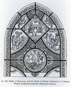 Fragment eines Buntglasfensters in der Kathedrale von Chartres, das die Schlacht von Roncevaux und den Tod von Roland darstellt, Illustration aus Wissenschaft und Literatur im Mittelalter und der Renaissance