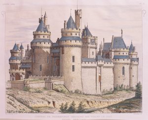 Frankreich, mittelalterliche Burg Pierrefonds, restauriert von Violet le Duc, aus Moniteur des Architectes, Gravur von French School