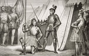 Francois I (1494-1547) wird von Hauptmann Bayard nach der Schlacht von Marignano zum Ritter geschlagen, aus 