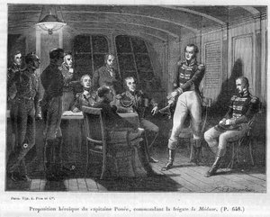 Francois Ponee II (1775-1863), der Kommandant der La Meduse, napoleonischer Getreuer, bietet dem Kaiser an, allein gegen Le Bellerophon zu kämpfen - in „Geschichte des Reiches nach der Geschichte des Konsulats“ von Adolphe Thiers -1879 - private Sammlung