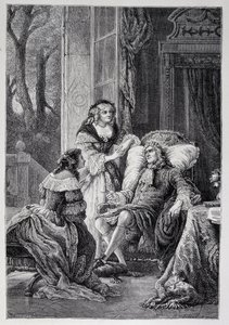 François de La Rochefoucauld (1613-1680) spricht mit Mademoiselle de Sévigné (Marie de Rabutin-Chantal), Marquise de Sévigné genannt Madame de Sévigné (1626-1696) und Marie-Madeleine Pioche de La Vergne, Gräfin von La Fayette (Madame de La Fayette) von French School