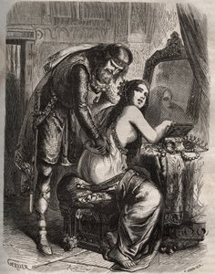 Fredegonde (545-597) nimmt ihren Ehemann, König der Franken Chilperic I. (543-597), für ihren Liebhaber, Landeric. Der König entdeckt, dass seine Frau ihn betrügt. Gravur von 1871 in „Histoire Des Cocuses Celebres“ von Henry de Kock (1819-1892) von French School