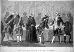 Freimaurerei: Freimaurerbankett in einem Kloster. Gravur aus „Picturesque Histoire de la Franc Maçonnerie et des Sociétés Secrètes antique et modernes“ von F.-T. B. Clavel. Pagnerre, Herausgeber. 1843. von French School