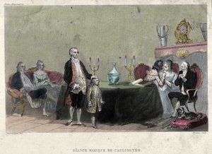 Freimaurerei: Magiesitzung von Giuseppe Balsamo, bekannt als Alexander, Graf von Cagliostro (1743-1795). Gravur aus „Picturesque Histoire de la Franc Maconnerie et des Societes Secretes antique et modernes“ von F.-T. B. Clavel. Pagnerre, Herausgeber
