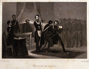 Freimaurerei: Empfangs- und Initiationsritus des Meisters. Gravur aus „Picturesque Histoire de la Franc Maçonnerie et des Sociétés Secrètes antique et modernes“ von F.-T. B. Clavel. Pagnerre, Herausgeber. 1843.