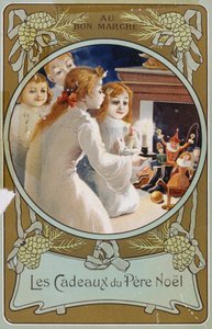 Französische Weihnachtskarte zeigt Mädchen mit einer Kerze am Heiligabend von French School