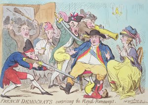 Französische Demokraten überraschen die königlichen Flüchtlinge, 1794 (Farbstich) von French School