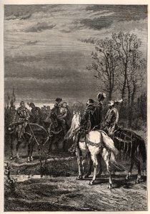 Französische Religionskriege - Oktober 1569 Religionskrieg - Die Gespräche vor der Schlacht von Moncontour (Henri, Herzog von Anjou, zukünftiger Heinrich III. und Gaspard II. von Coligny - Die Schlacht von Moncontour (Oktober 1569) - Gravur aus „Die Geschi