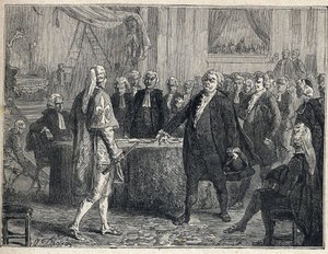 Französische Revolution - Generalversammlung am 23.06.1789: Honoré Gabriel Riqueti, Graf von Mirabeau (1749-1791) apostrophiert Henri Evrard, Marquis von Dreux-Brézé (1762-1829). Gravur von 1889. Private Sammlung