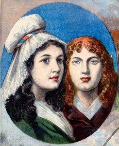Französische Revolution - Die französischen Heldinnen: die Schwestern Félicité (1770-1841) und Théophile (1875-1819) von Fernig, die 1792 als Männer verkleidet gegen die Österreicher kämpften, um ihren Vater zu bewachen - Illustration aus „Le Petit Journal von French School
