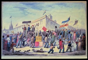 Französische Revolution: Eine antireligiöse Maskerade im November 1793. Anonymes Aquarell von 1793. Pariser Arsenal-Bibliothek