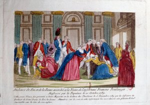 Französische Revolution: Audienz von Ludwig XVI. und Marie Antoinette am 15.11.1789 gewährt der Witwe von Francois Boulanger, der am 21.10.1789 vom Volk massakriert wurde. Gravur des 18. Jahrhunderts. Paris, Bibliothek des Arsenal