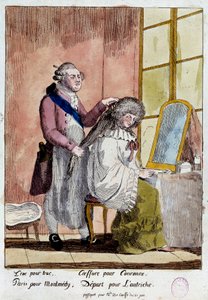 Französische Revolution: Karikatur über die Flucht der königlichen Familie nach Varennes am 20. und 21.06.1791: König Ludwig XVI. frisiert Königin Marie Antoinette, die mit dem falschen Pass der Gouvernante der Kinder der Baronin von Korff abreisen sollte.