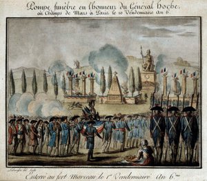 Französische Revolution: Zeremonie der Trauerfeier zu Ehren von General Lazare Hoche (1768-1797) auf dem Marsfeld in Paris am 10. Fructidor Jahr 6. Gravur von 1797. Versailles, Lambinet-Museum