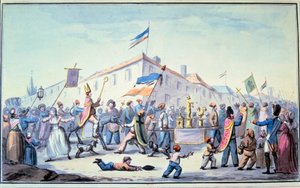 Französische Revolution: „Geformte Maskerade des Volkes in priesterlicher Kleidung“. Anonymes Aquarell. 1793. Paris, Bibliothek von L