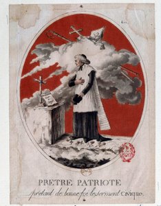 Französische Revolution: ein patriotischer Priester, der den Bürgereid in gutem Glauben ablegt. Gravur des 18. Jahrhunderts. Paris, Bibliothek des Arsenal