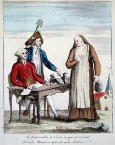 Die Französische Revolution: karikaturistische Darstellung eines Mitglieds des Klerus, das gezwungen ist, das Eigentum der Kirche zurückzugeben. „Man muss dem Kaiser geben, was des Kaisers ist, und der Nation, was der Nation ist.“ Gravur von 1790 Paris, Bi von French School