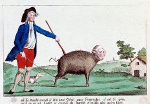 Französische Revolution: Karikatur, die einen Revolutionär zeigt, der Ludwig XVI. in die Form eines Schweins zurückbringt und nicht weiß, was er damit anfangen soll. 1792. Anonyme kolorierte Radierung, Paris, Musée Carnavalet von French School