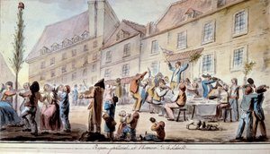 Französische Revolution: brüderliches Mahl zu Ehren der Freiheit im Juni 1793. Patrioten und Pariser feiern die Freiheit. Das Motto „Freiheit, Gleichheit, Brüderlichkeit“ erschien erstmals in dieser Zeit. Aquarell von 1793. Paris, Bibliothek des Arsenal
