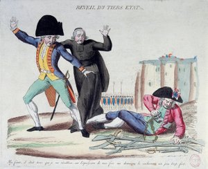 Französische Revolution: das Erwachen des Dritten Standes (Dritter Stand). Karikatur über die drei Stände. Er befreit sich von seinen Ketten unter den erschrockenen Augen der Armee und der Geistlichen. Französischer Druck von 1789. Paris, B.N.