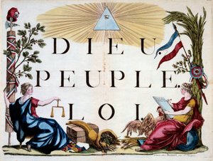 Französische Revolution: das göttliche Dreieck, das Gott, das Volk und das Gesetz erleuchtet, die Allegorien von Frankreich, Gerechtigkeit, Überfluss und der Republik. Gravur von 1794. Paris, Bibliothek des Arsenal von French School
