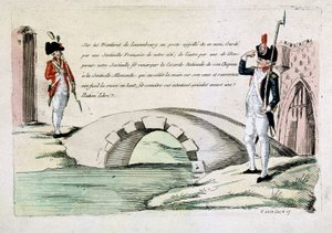 Französische und Luxemburger Zollbeamte begrüßen sich freundschaftlich (Grenzfrage unter der Revolution), spätes 18. Jahrhundert