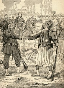 Französische und sardische Soldaten schütteln sich die Hände, um ihren Sieg gegen die Österreicher nach der Schlacht von Palestro, Italien, zu feiern von French School