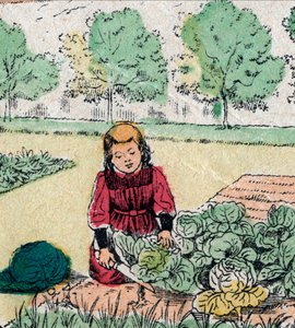 Französischer Glaube: Ein kleines Mädchen, das glaubt, dass Babys in Kohl oder Rosen geboren werden, schneidet die Sprossen eines Gemüsegartens - Epinal-Bild - 19. Jahrhundert
