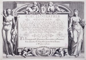 Französische Kalligraphie: Poecilographie, Frontispiz, von Baptiste de Beaugrand im Jahr 1606.